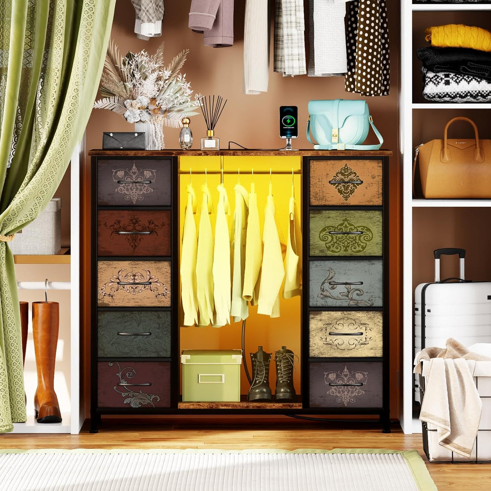 VASICAR Tall Dresser for Bedroom with Hanging Rack, 10 Drawers TV Stand
