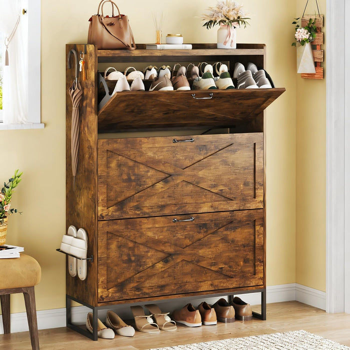 HUAHUU Shoe Cabinet with 3 Flip Drawers, Narrow Shoe Rack Cabinet, Freestanding Wood Shoe Cabinet, Farmhouse Shoe Storage Cabinets for Entryway, Hallway, Foyer, Rustic Brown