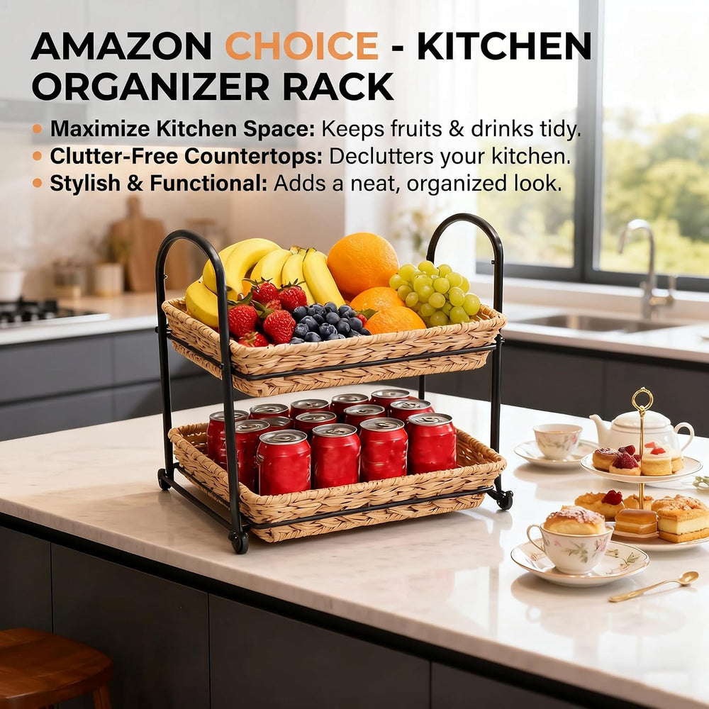 2-Tier Faux Rattan Wicker Storage Basket with Metal Frame, Countertop Organiz...