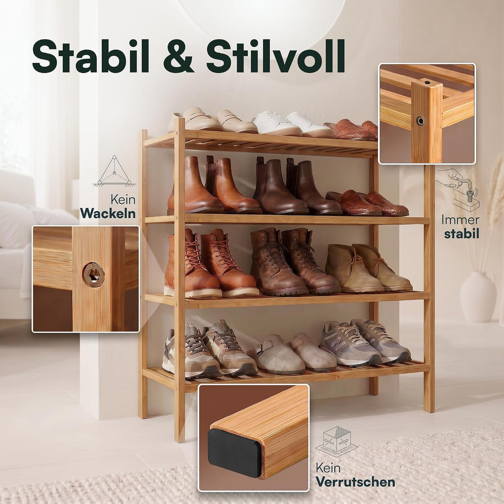 Bamboo Shoe Rack, Shoe Rack with 4 Levels, 68 x 28 x 64 cm, Expandable Stacka...