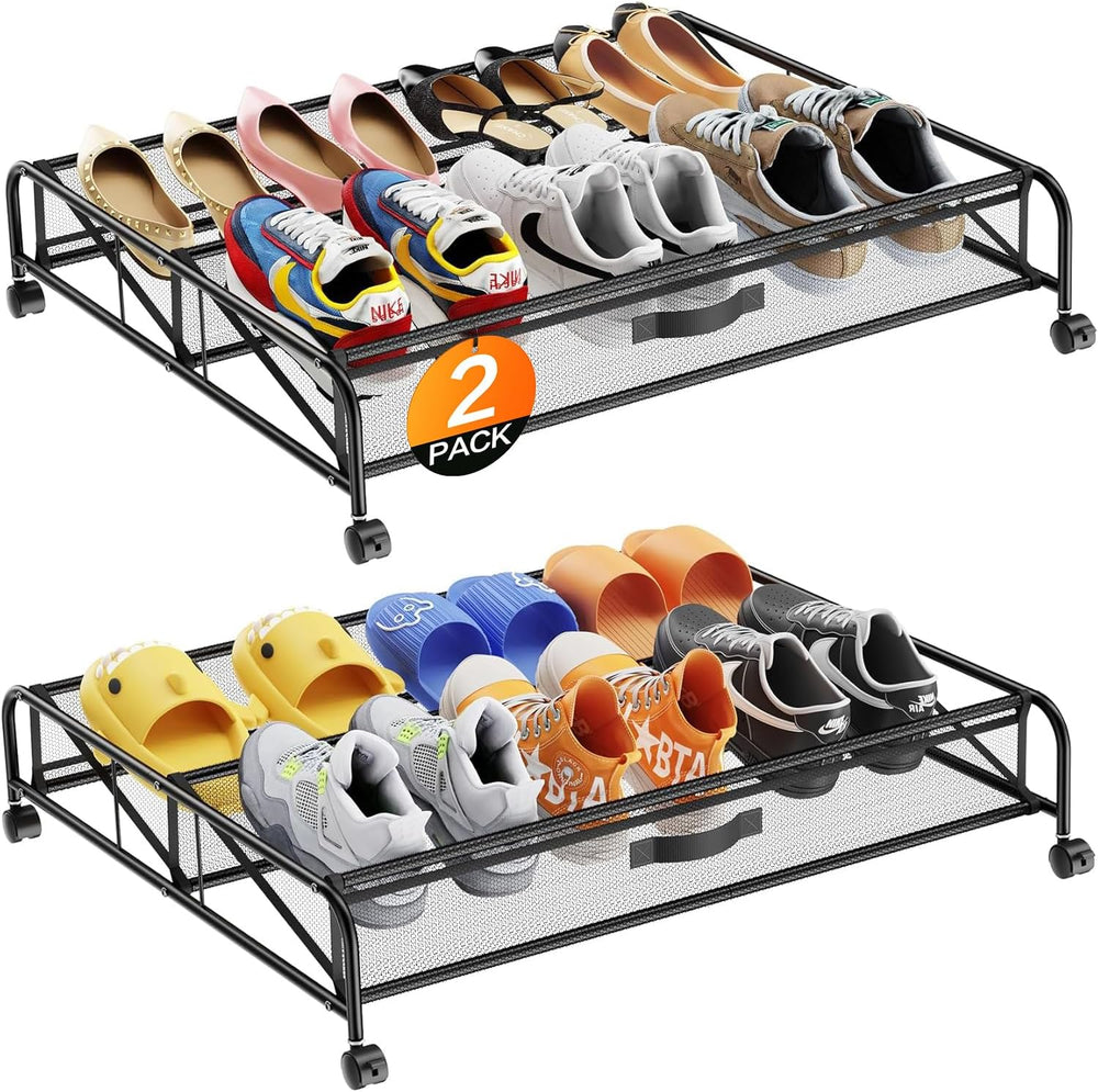 Under Bed Shoe Storage Organizer, 2 Pack Under Bed Storage Containers with Wh...