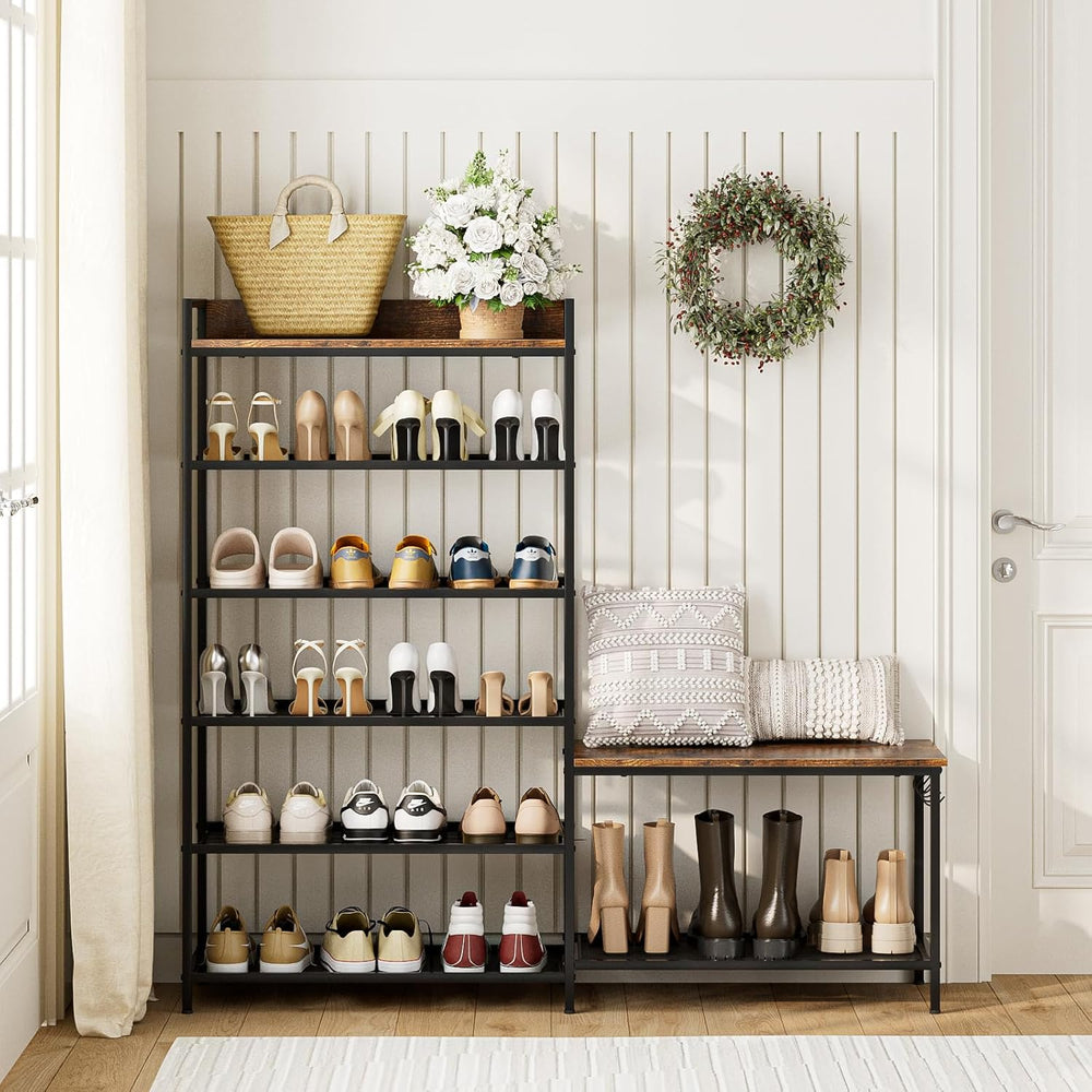 Shoe Rack Bench Storage Organizer for entryway,6-Tier Industrial Free Standin...
