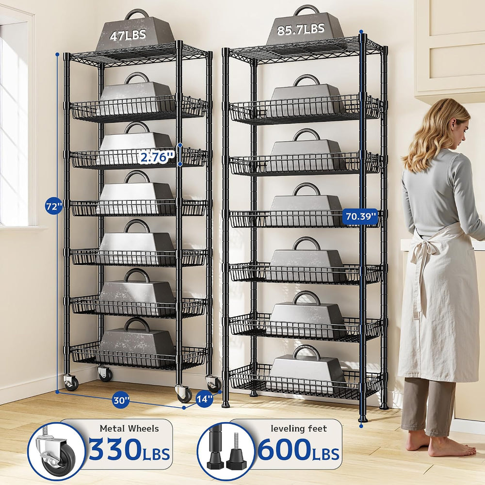 DurayLoly 7-Tier Wire Shelving Unit with Basket Shelf & Wheels
