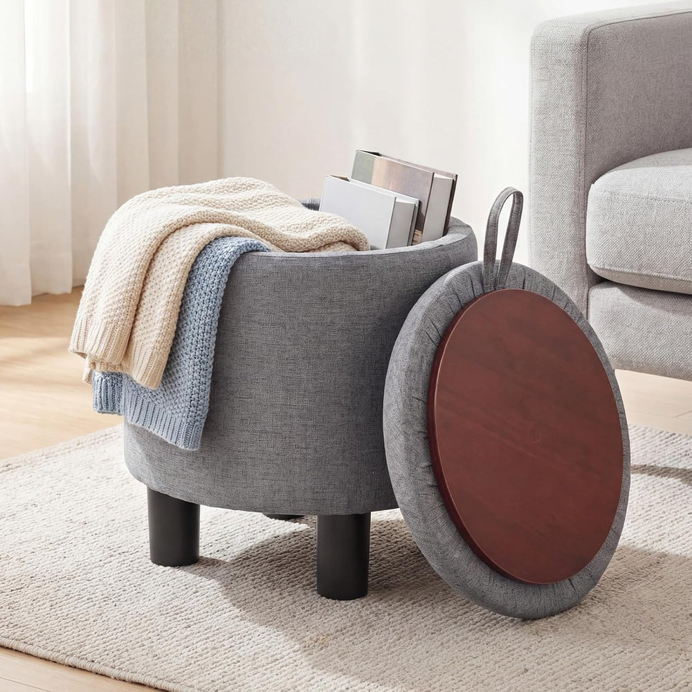 GIANTEX Linen Fabric Round Storage Ottoman with Removable Lid, Gray