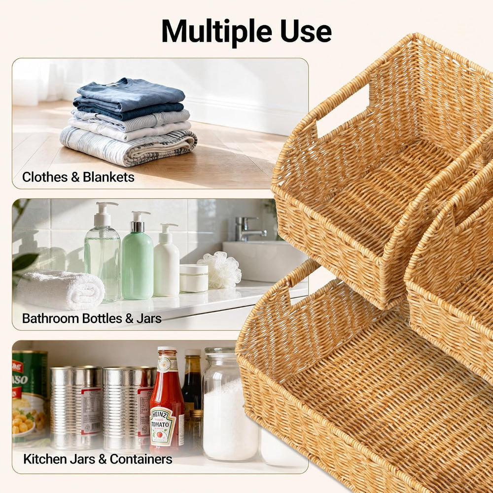 Brownlily Faux Wicker Pantry Storage Baskets, Natural-Single Set (3-Piece)