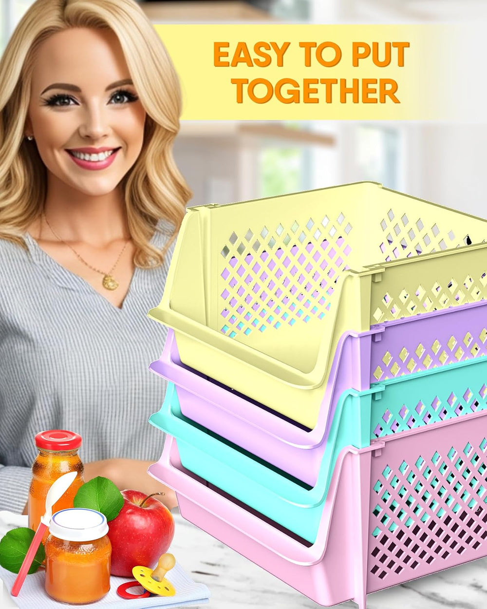 Large Stackable Storage Bins Open Front for Pantry Storage, 4 Pack - Multi