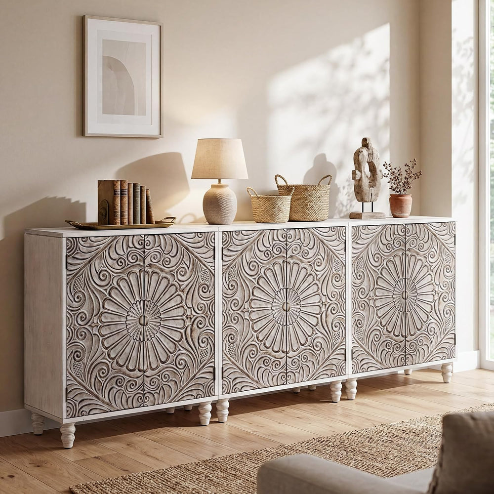 COSIEST Set of 3 32" Sideboard Cabinets, Push-to-Open, Gray Flower