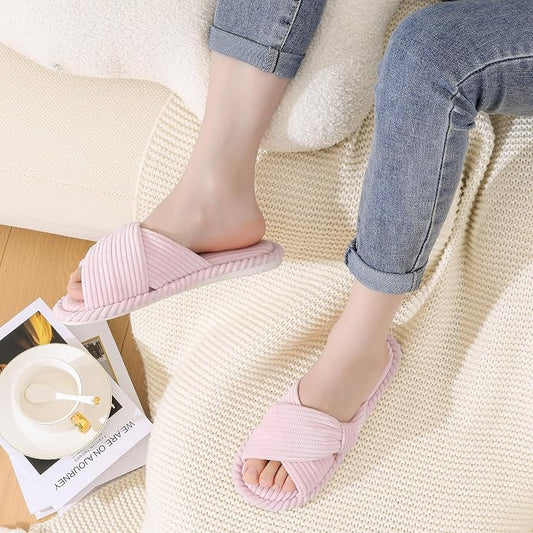 Evshine Summer House Slippers for Women Corduroy Cross Bow Indoor Slippers Open - Image 2