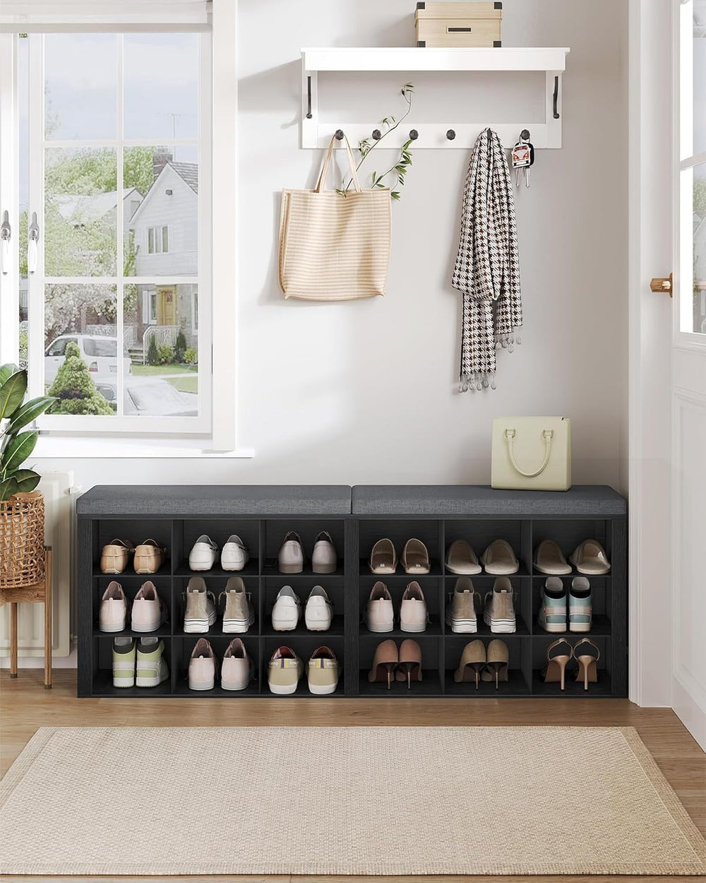 Hzuaneri Shoe Storage Bench with Cushion, Storage Bench with 18 Cubbies