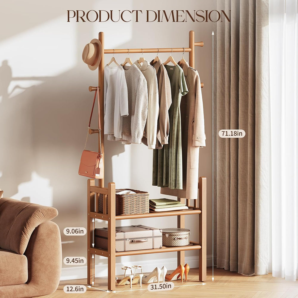 Yoobure Solid Wood Clothing Rack with Shelves - Coat Rack Freestanding with 6...