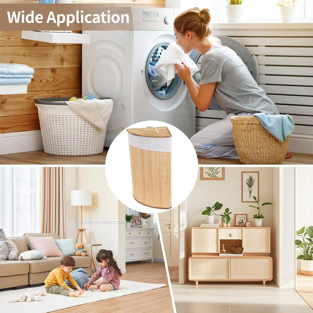 Corner Laundry Hamper with Lid, Foldable Triangle Clothes Hamper, Natural Woo...