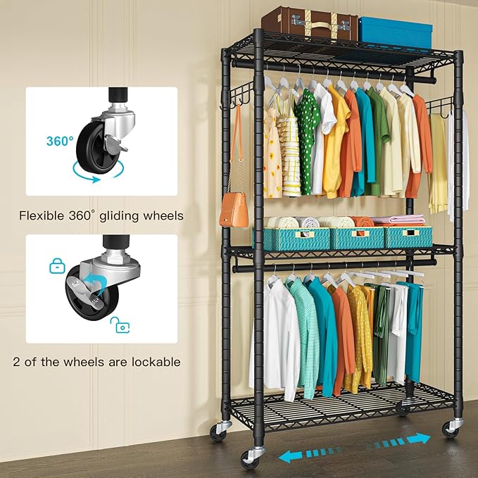 FUTASSI P1 Heavy Duty Garment Rack, 3 Tiers Adjustable Rolling Metal Closet