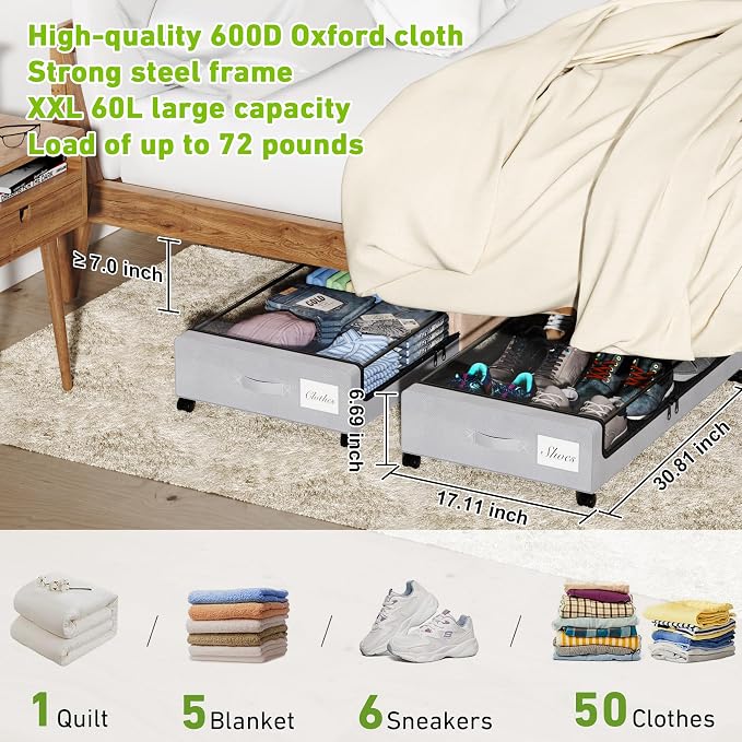 Under Bed Storage with Wheels, Underbed Storage Bins, XXL 60L Rolling Metal