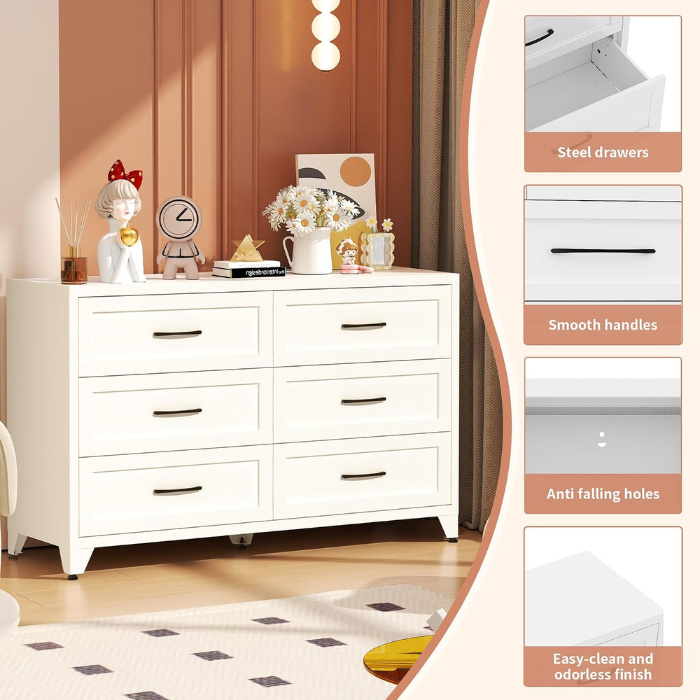 Metal 6 Drawer Dressers for Bedroom, 47" Wide White Steel Chest of Drawe...