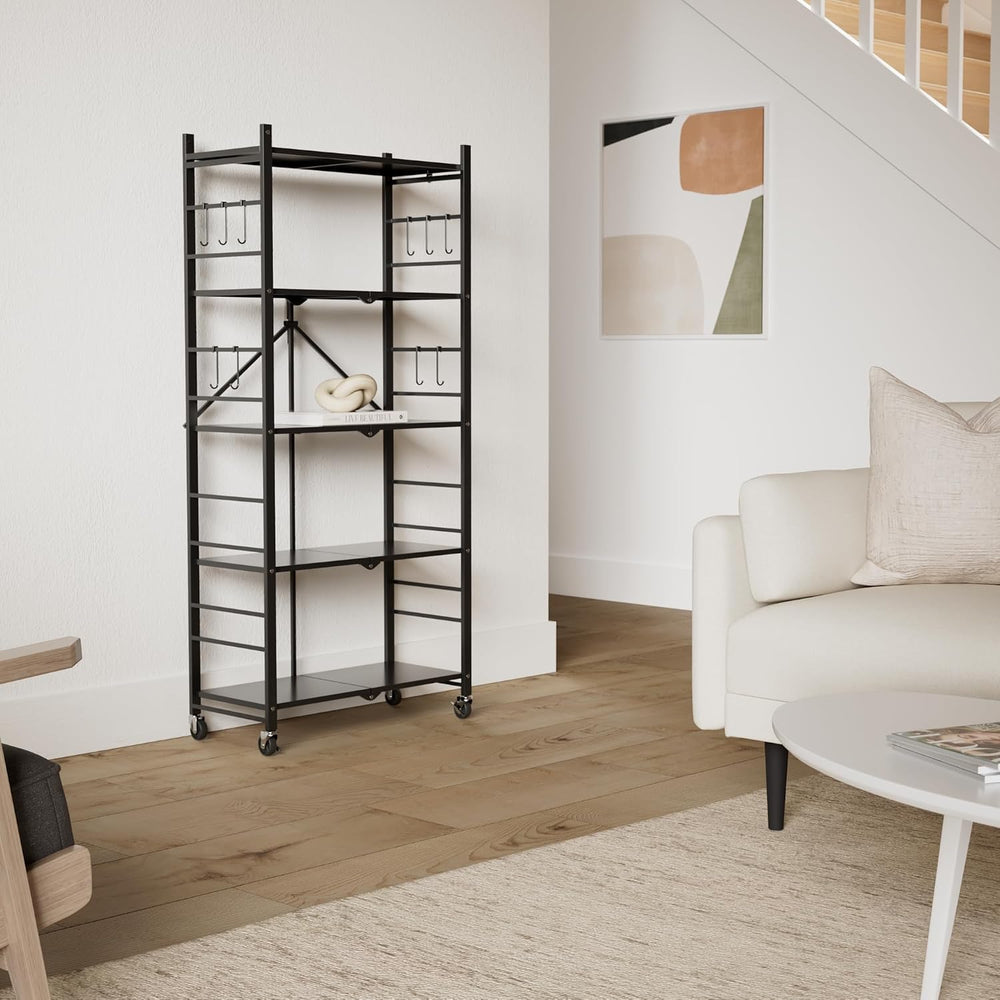 Himix 5-Tier Foldable Storage Shelves with 20 Hooks Wheels Kitchen Black
