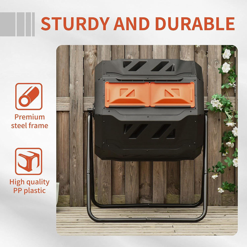 Outsunny Tumbling Compost Bin 360° Dual Chamber 43 Gallon, Orange