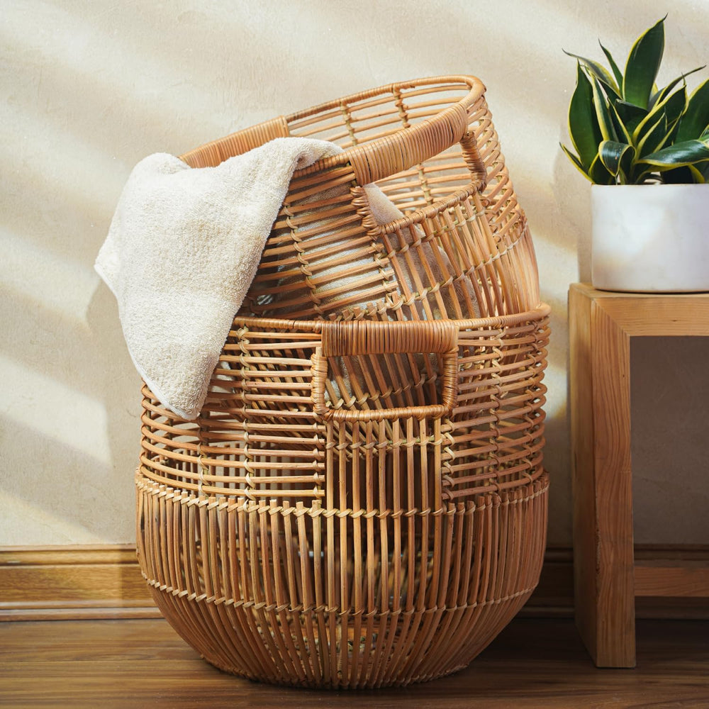 Set Of 2 Large Woven Blanket Baskets With Handles | Round Wicker Rattan Stora...