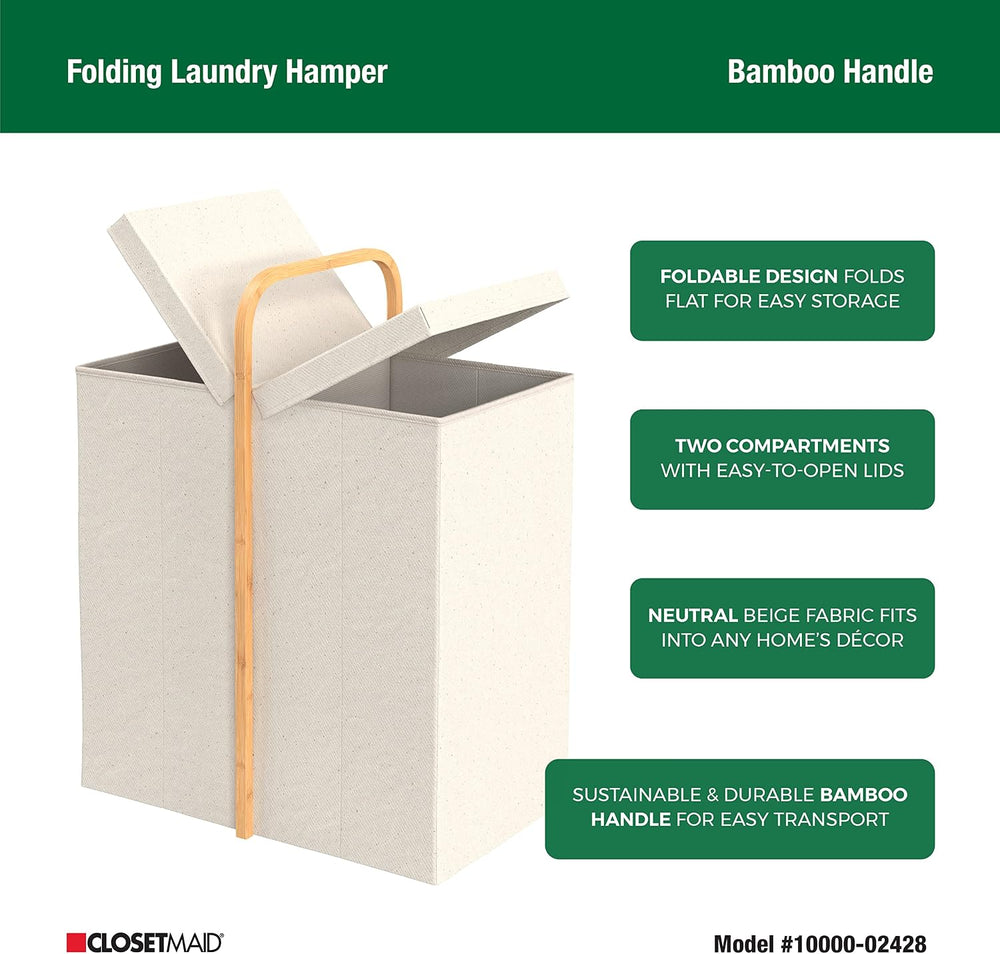 ClosetMaid Laundry Hamper Basket, Foldable with Lid, Two Compartments, Bamboo...