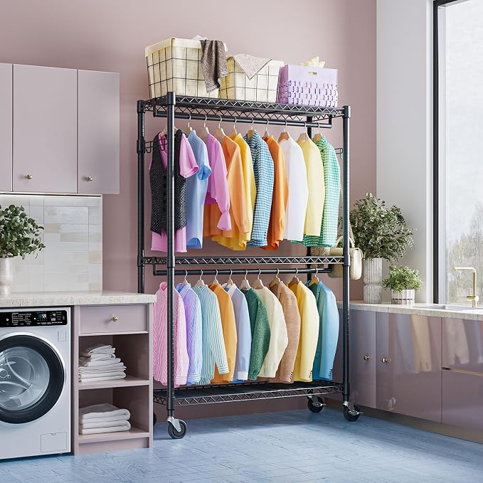 IZEUK 3 Tier Heavy Duty Rolling Garment Rack Wire Clothes Rack