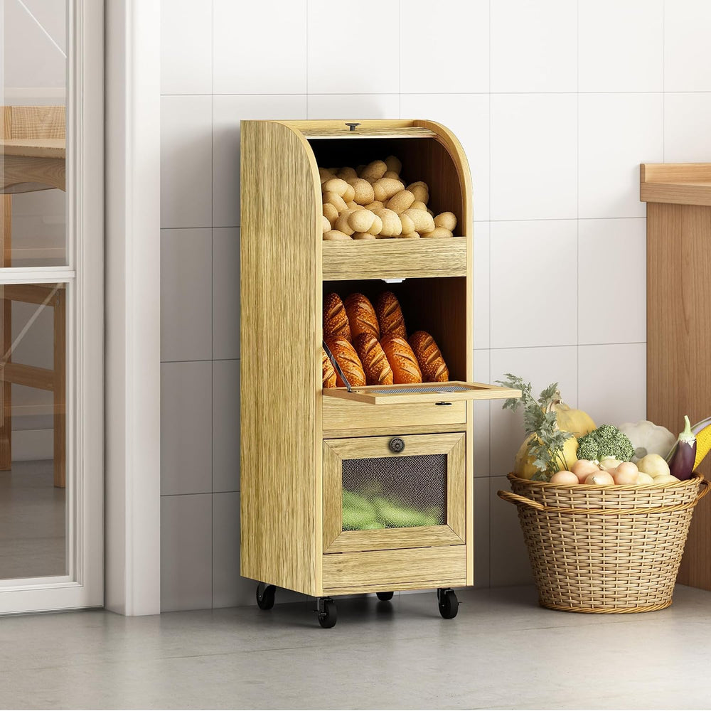 Wood Color Vegetable Storage Bin with Wheels & Ventilation