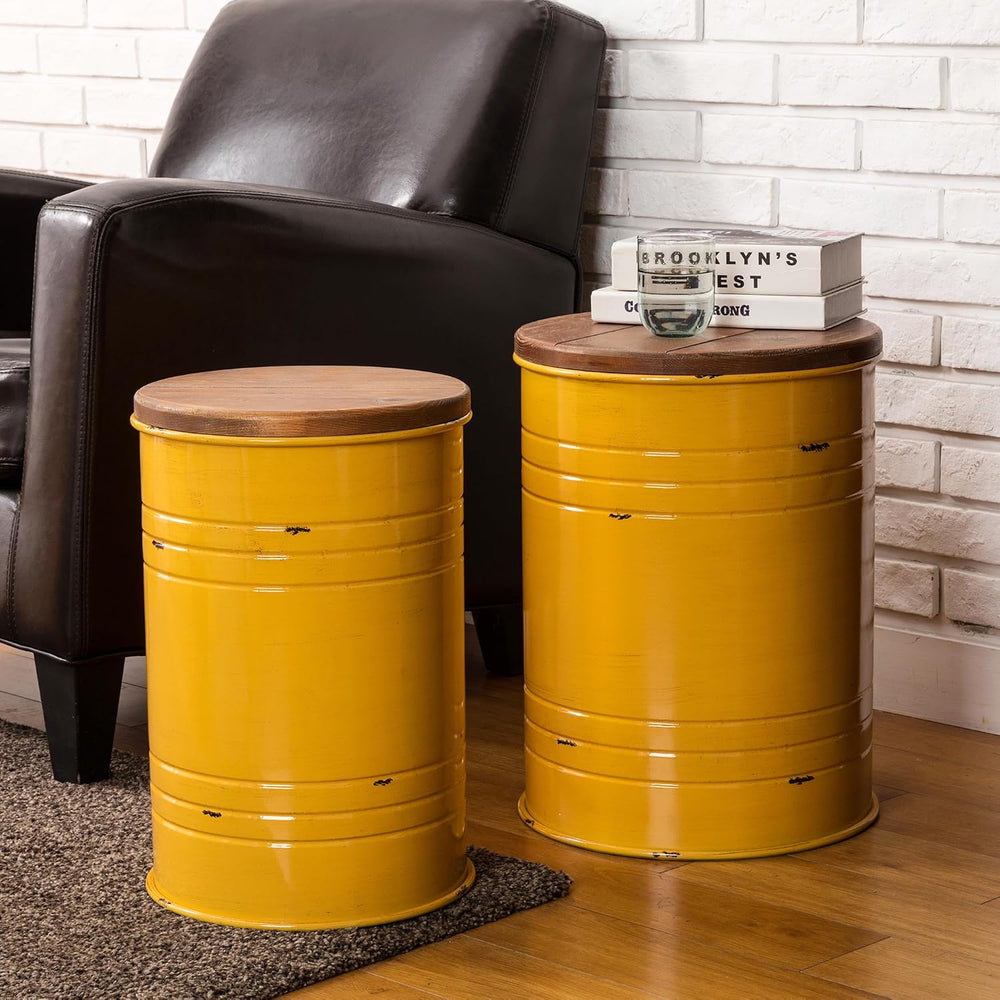 Glitzhome Rustic End Table Set of 2, Farmhouse Galvanized Metal Barrel Ottoma...