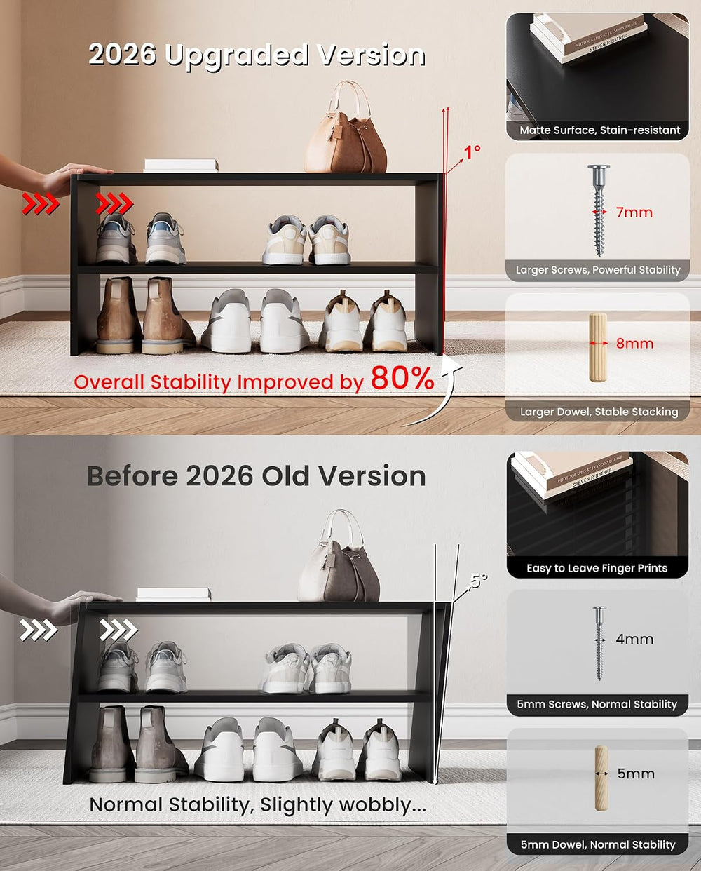 2-Tier Stackable Shoe Rack, 24.6 Inches Wide, Matte Black(Pack of 2)