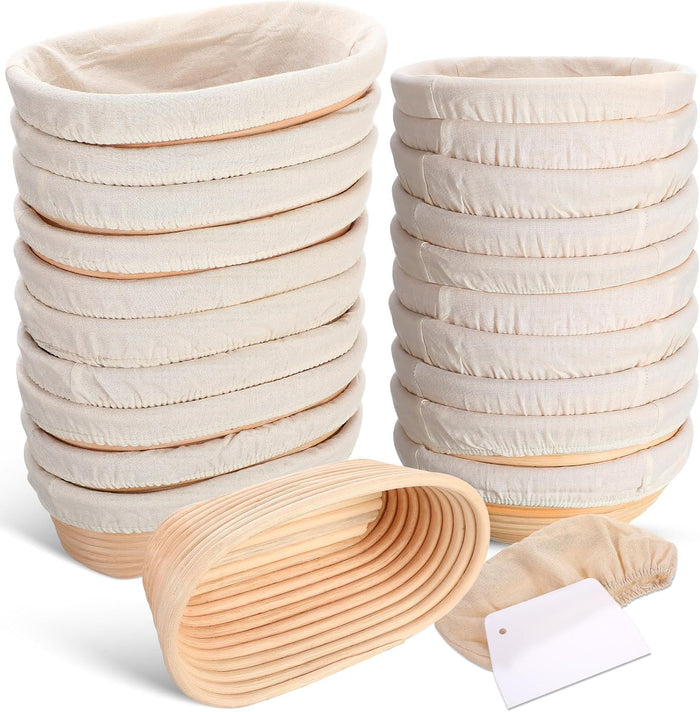 Gejoy 20 Sets Bread Proofing Baskets Bulk Banneton Dough Proofing Bowls Kit with Cloth Liner and Plastic Scraper Sourdough Basket for Home Sourdough Bakers(Round, Oval,9'', 10'')