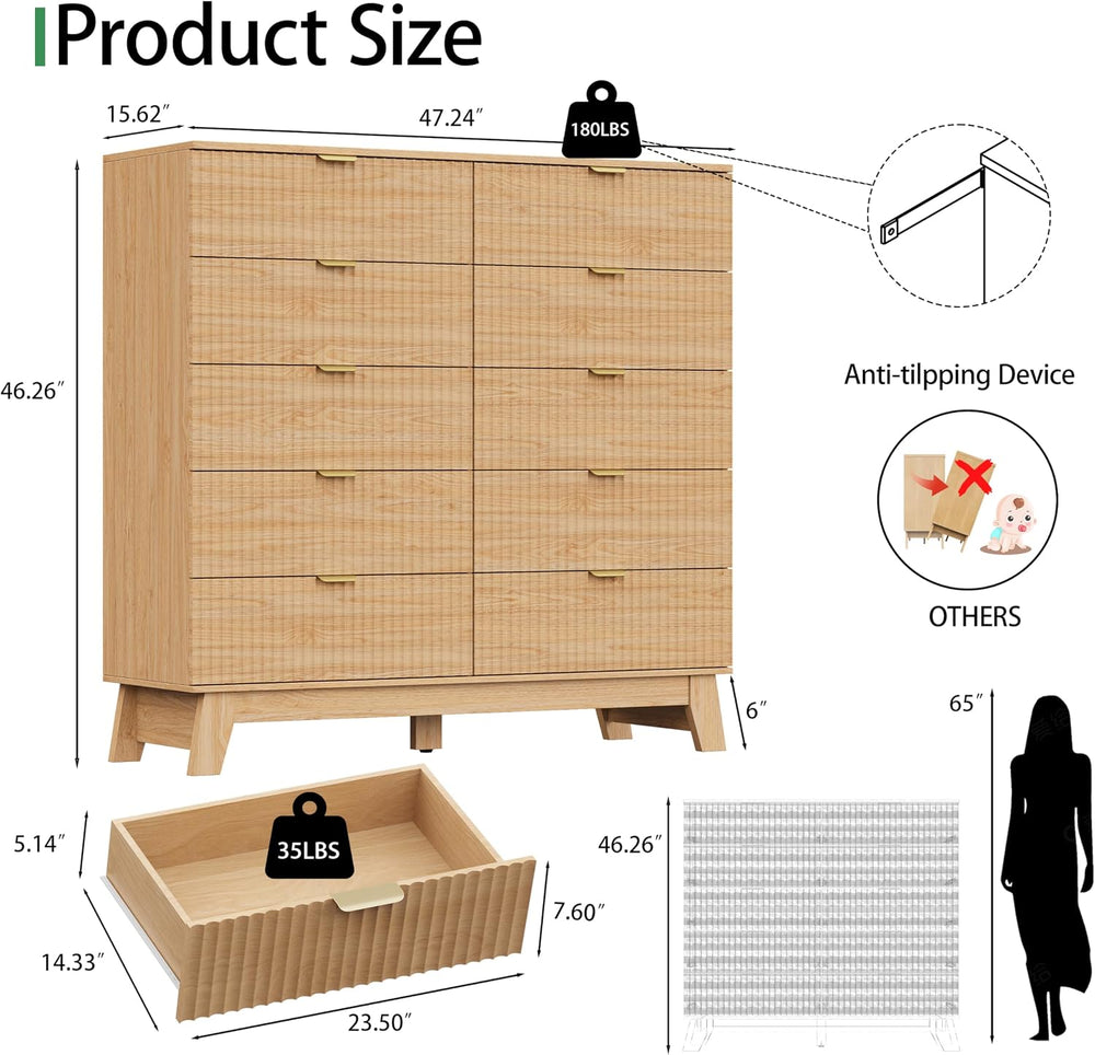 Fluted Dresser for Bedroom with 10 Drawers, 48" Wide Modern Chest of Dra...