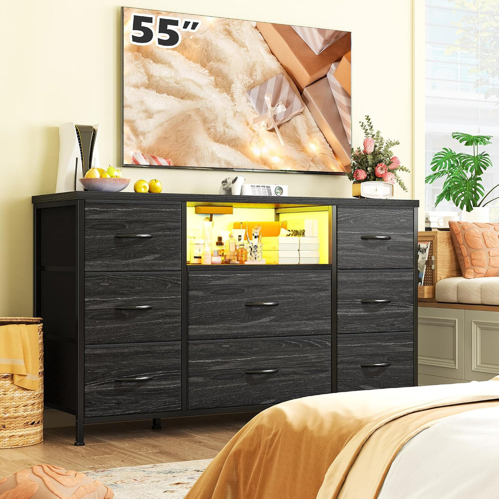 EnHomee Black Dresser for Bedroom with LED Lights & Charging Station