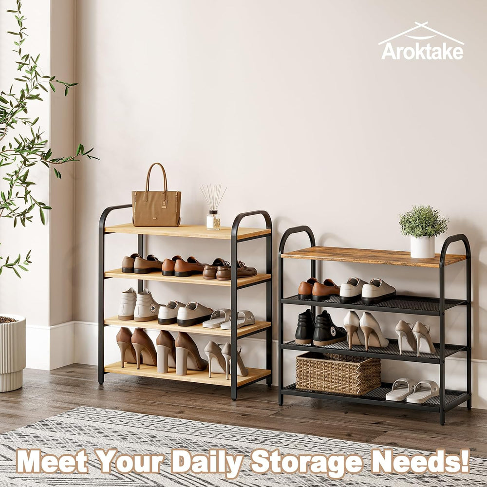 4-Tier Shoe Rack for Front Door Entrance, Metal Wood Shoe Shelf