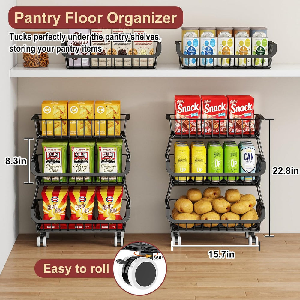 3-Tier Rolling Pantry Cart with Wheels, Stackable Wire Storage Floor Organize...