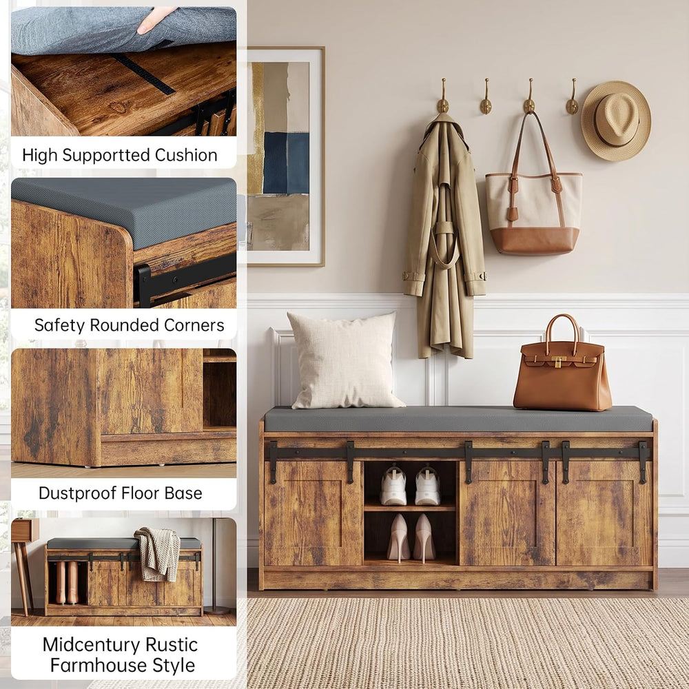 42" Farmhouse Shoe Storage Bench with Seating Cushion,for Entryway