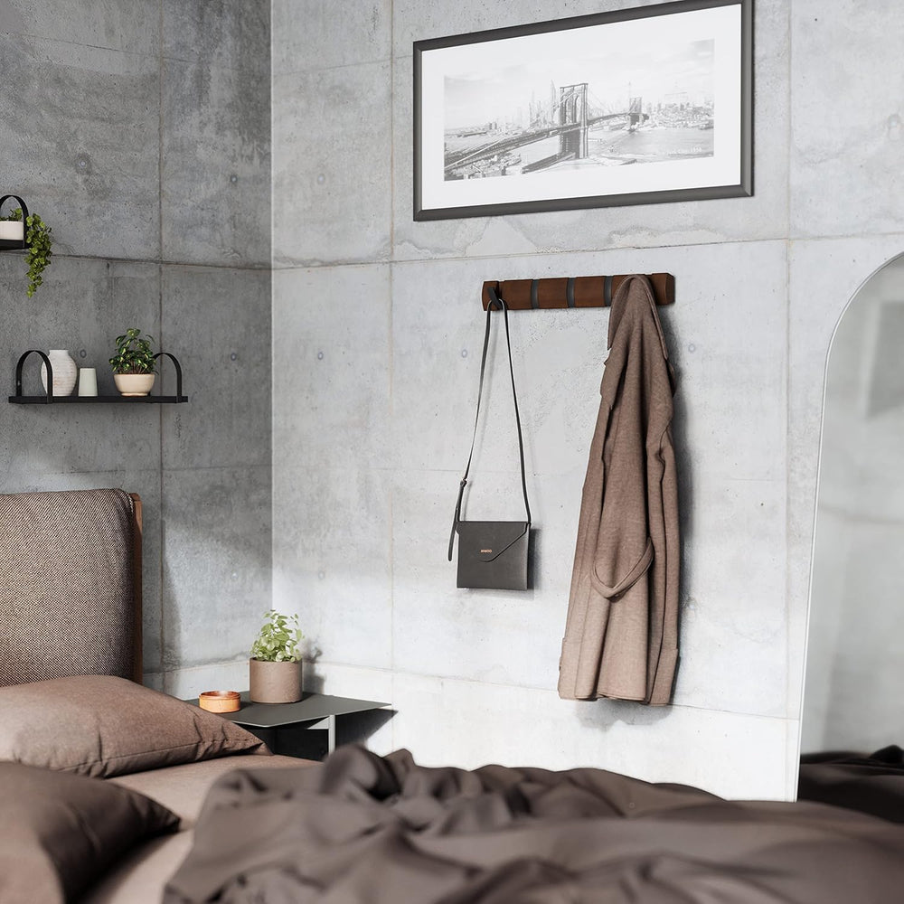Umbra Flip Coat Rack, Wall Mounted 5-Hook Space Saving, Walnut/Black