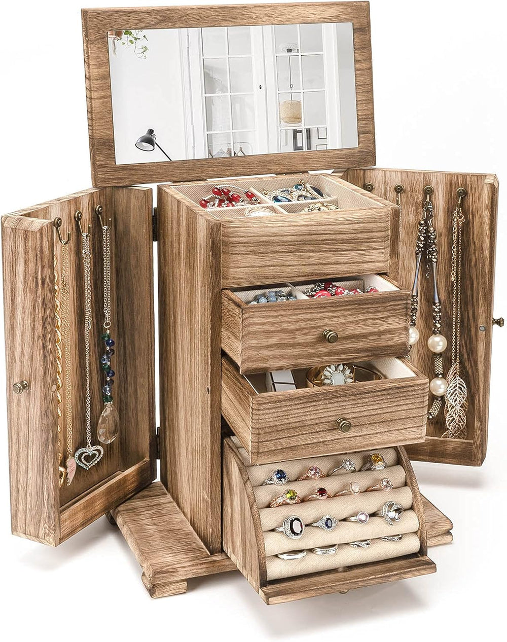 Emfogo Jewelry Box for Women, Rustic Wooden Jewelry Boxes & Organizers wi...