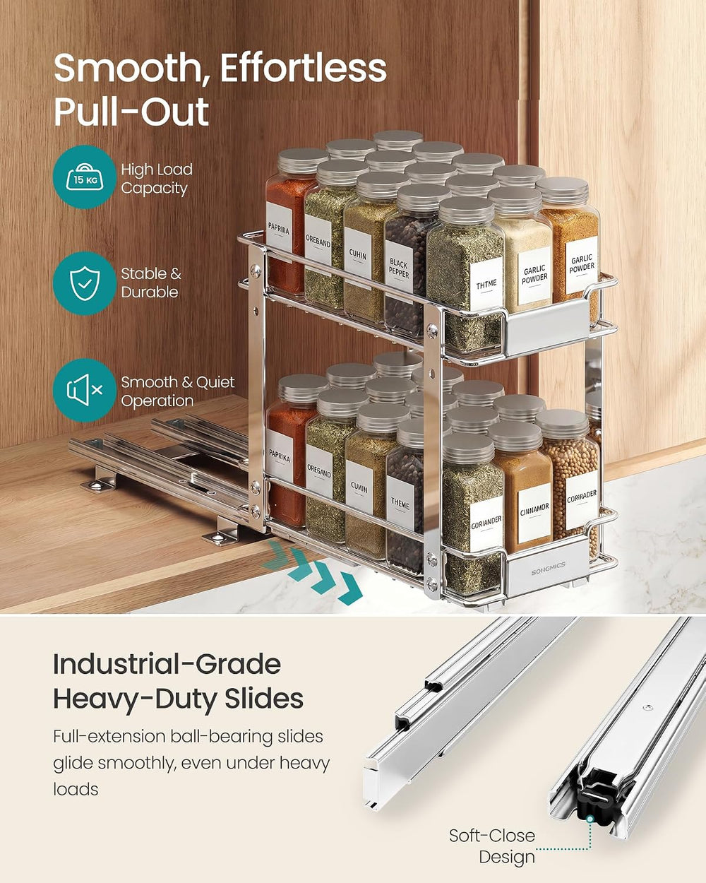 SONGMICS 4 Tier Pull Out Spice Rack for inside Cabinets, Organizer, Steel