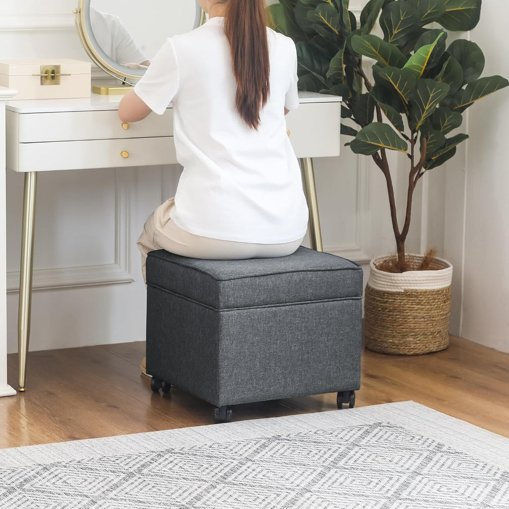 17" Square Storage Ottoman with Wheels, Upholstered Linen Movable Cube F...