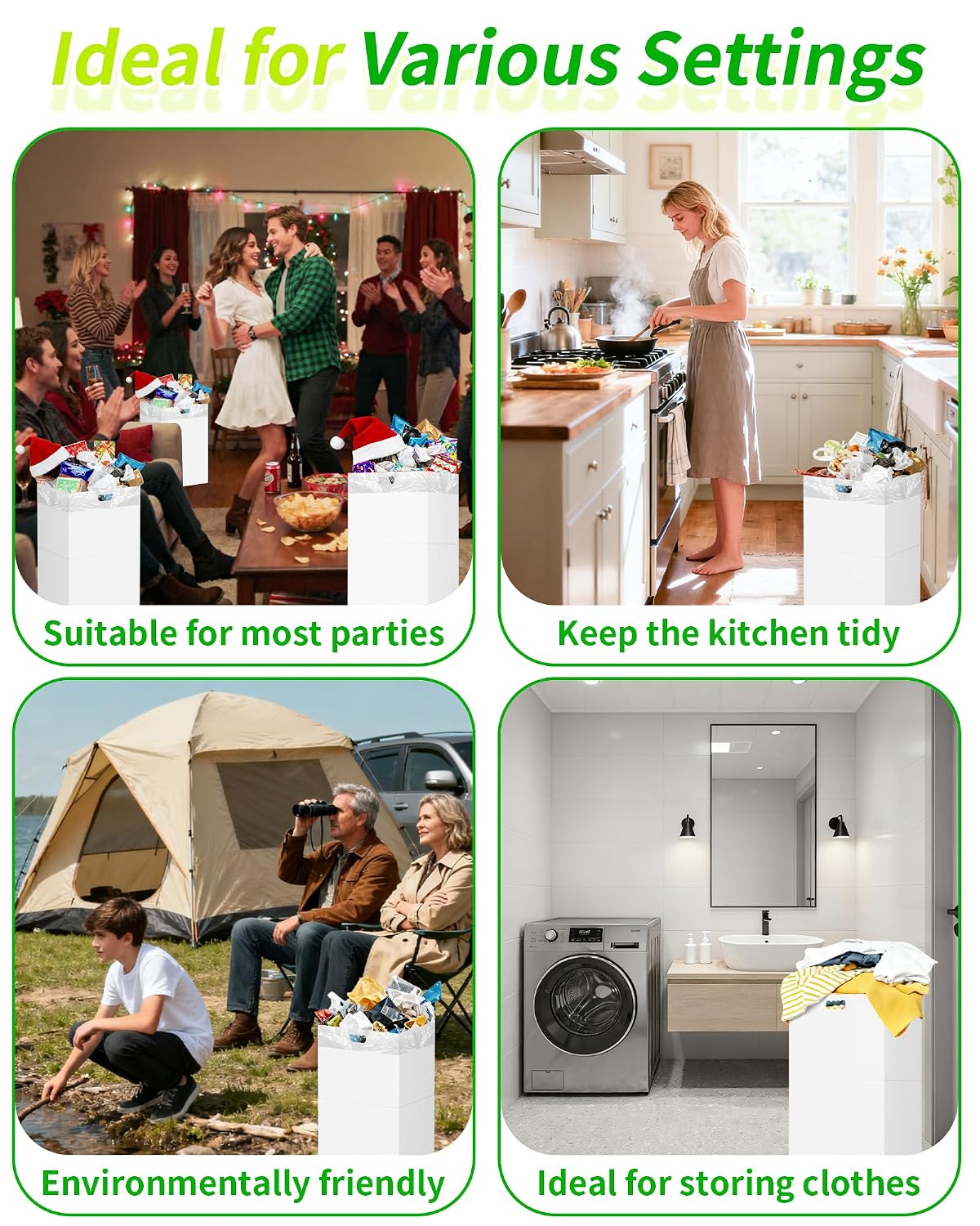 Kaiferty 13 Gallon Disposable Trash Cans for Parties, 2 Pack Extra Large Collapsible Pop Up Trash Can with Handles, Portable Cardboard Garbage Can & Recycling Bin for Party Kitchen Camping, White