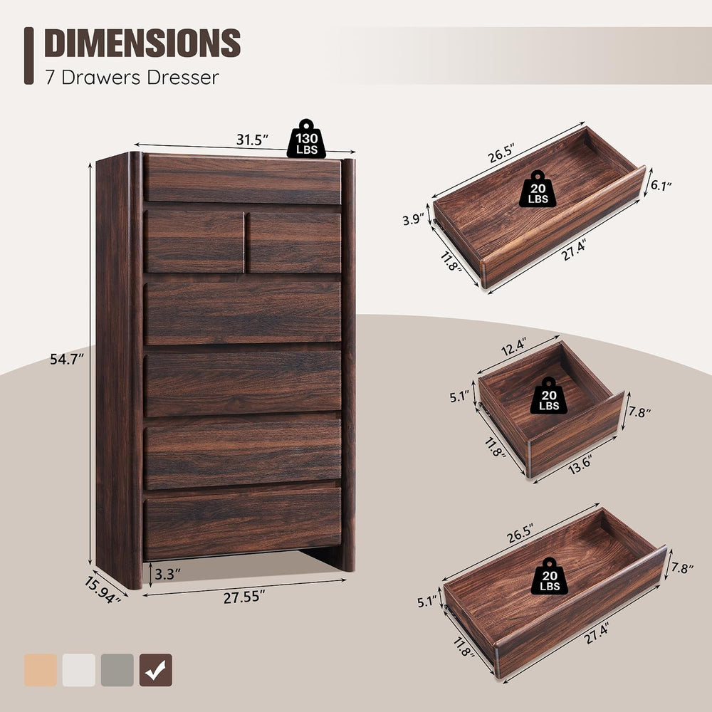 Modern 7 Drawers Dresser for Bedroom, 54.7" Tall Dresser-Brown