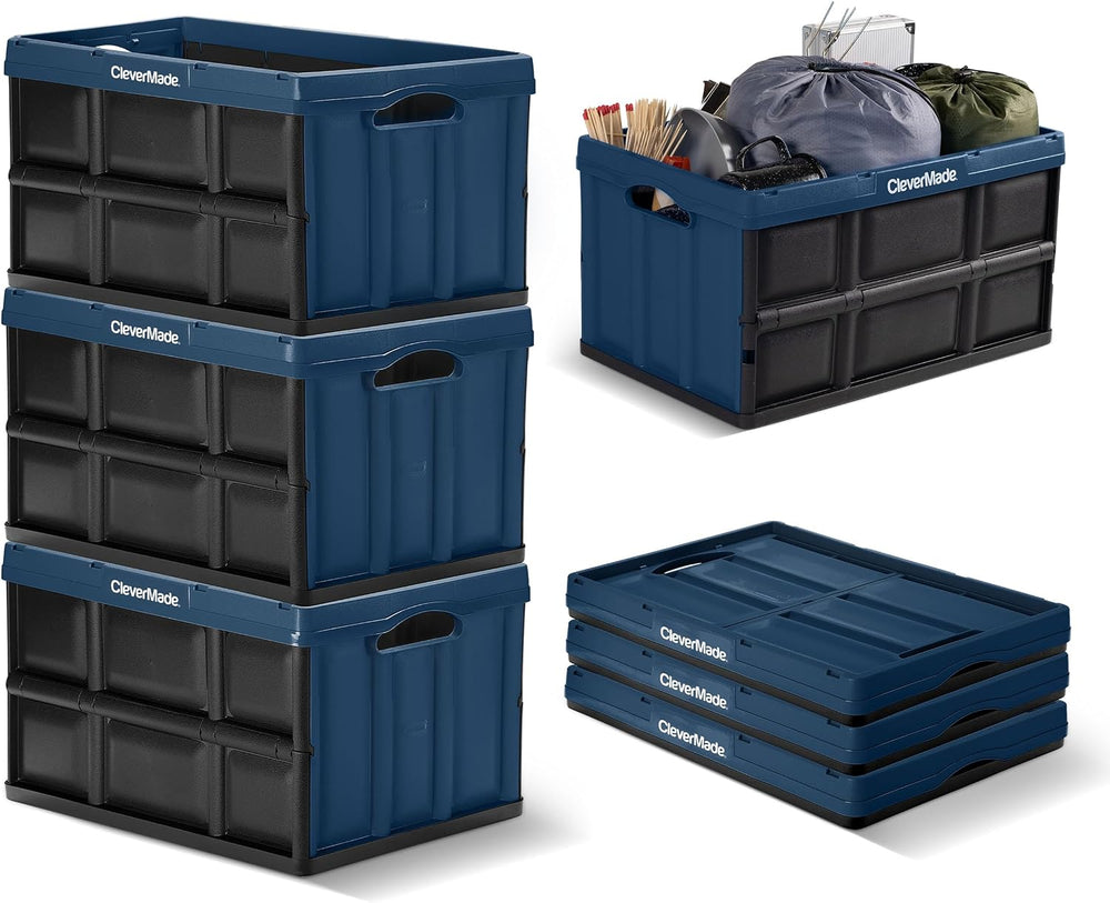 CleverMade Collapsible Storage Bins, 62L 3 Pack, 100 lb Stackable, Ocean