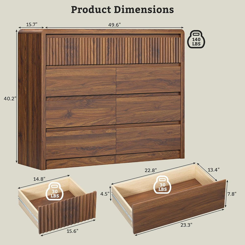 LYNSOM Walnut Fluted 9 Drawer Dresser for Bedroom, Curved Edge, 50" Wide