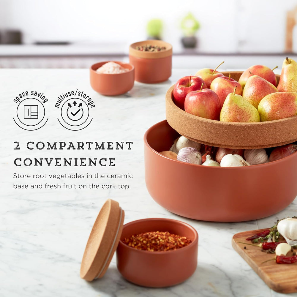 Kamenstein Ceramic and Cork Large Breathable Produce Bowl with Lid, Nautral C...