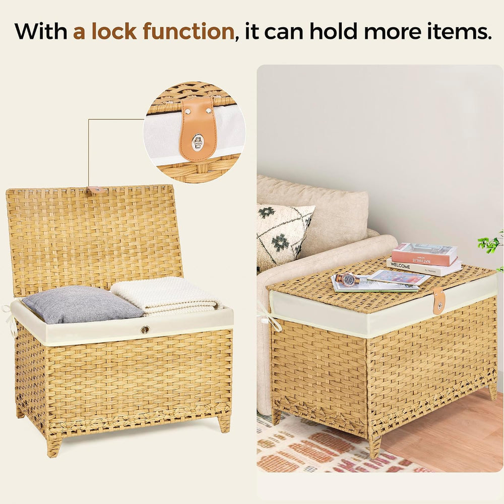 Wicker Storage Basket with Lid, 200L Storage Bin with Removable Liner Bag