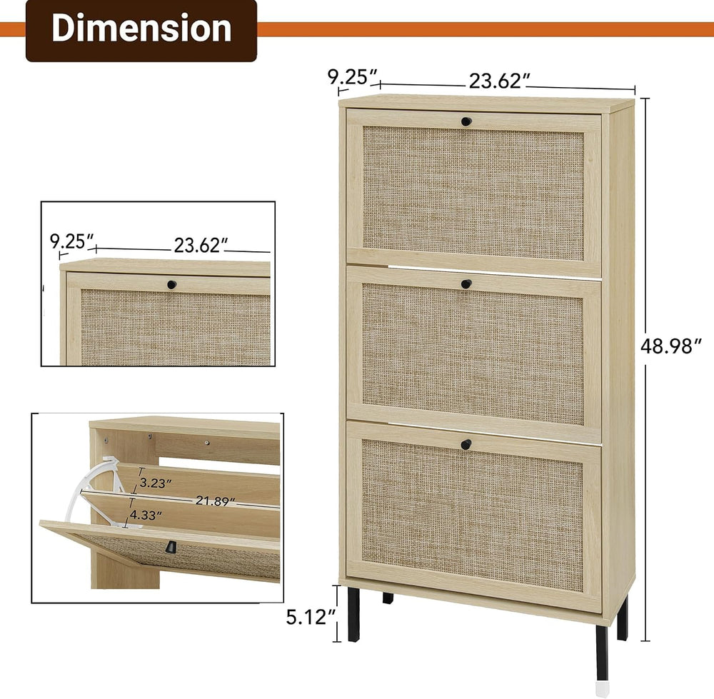 Rattan Shoe Cabinet with 3 Flip Drawer Slim Narrow Shoe Rack Cabinet with Sto...