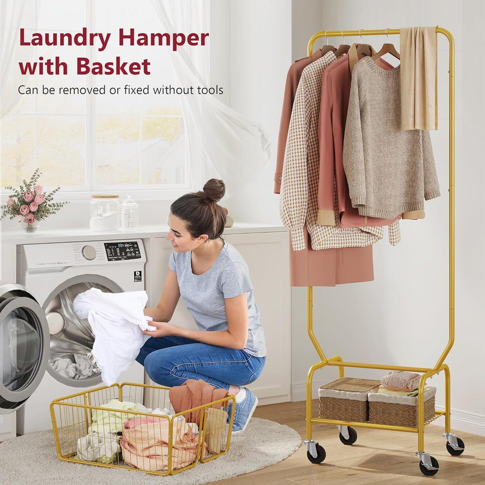 Tajsoon Rolling Laundry Cart with Hanging Rack & Laundry Basket, Gold