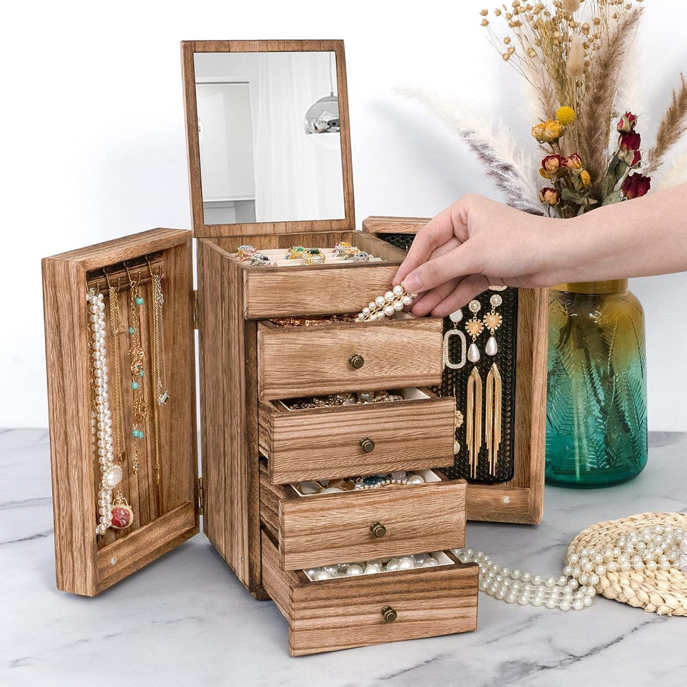 Meangood Jewelry Box Wood for Women, 5-Layer Large Organizer Box with Mirror ...