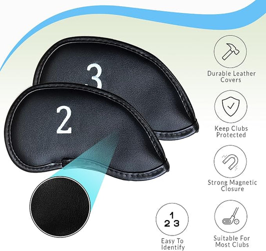 Premium Magnetic Leather Iron and Wedge Golf Club Head Covers | Set of 10 | - Image 2