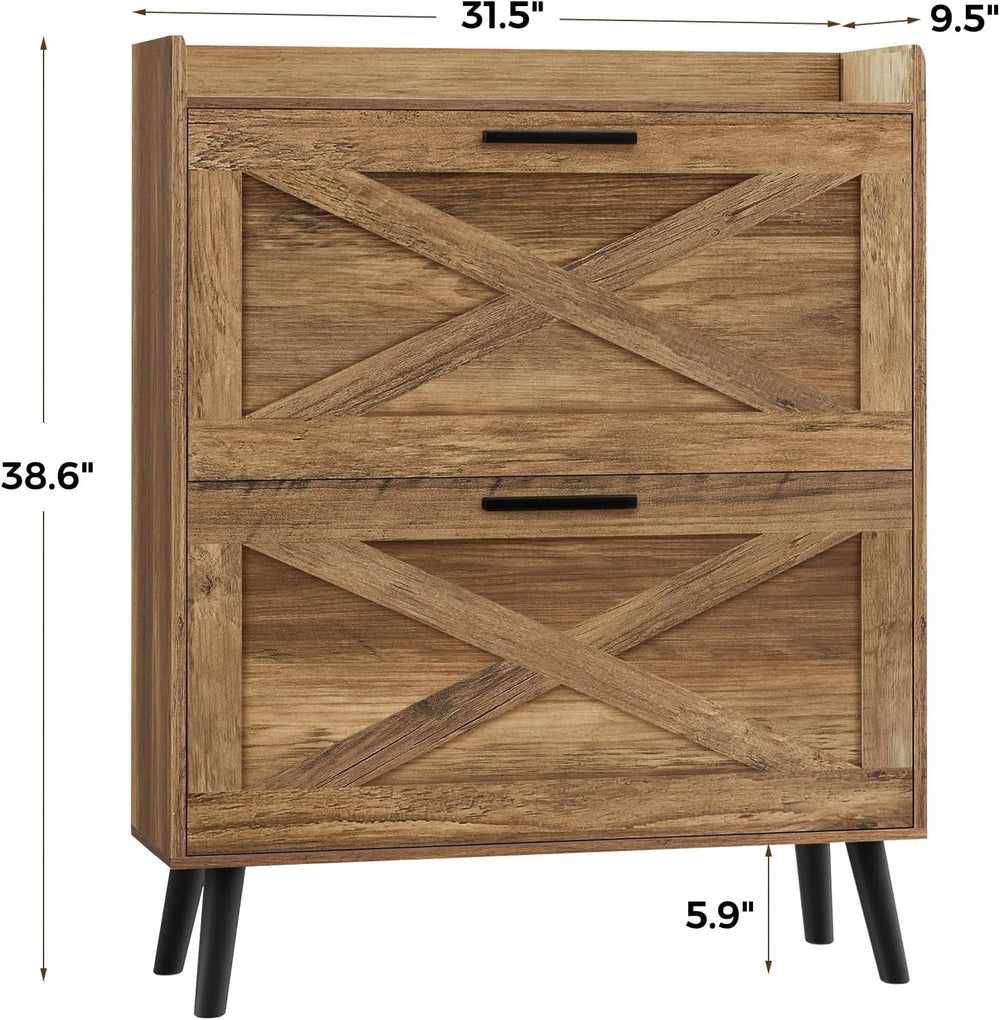 Homleke Farmhouse Shoe Storage Cabinet with Flip Drawers & Barn Door Design