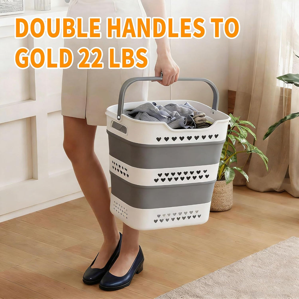 2 Pcs 42L Medium Collapsible Plastic Laundry Basket with Handles, Foldable La...