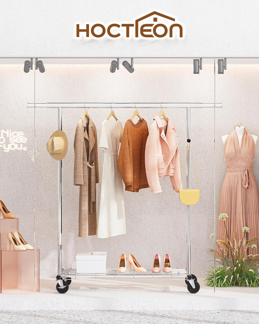 Hoctieon 1-Minute Assembly Clothes Rack, 480 lbs Heavy Duty Rolling Clothing ...