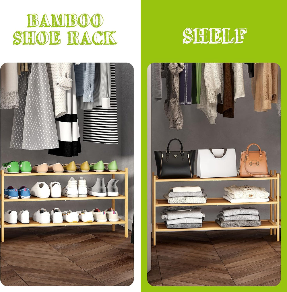 BMOSU 3-Tier Bamboo Extended Shoe Rack Premium Stackable Shoe Shelf Storage O...